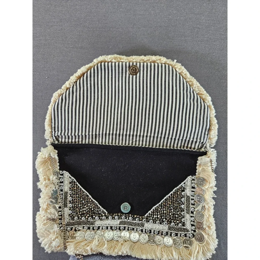 Lulus Black Boho Coin Fringe Beaded Crossbody Bag Silver Chain Strap (sku 138)